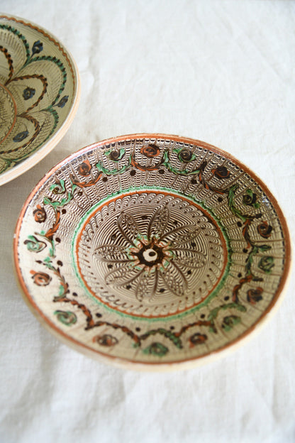 Pair Vintage Romanian Horezu Hand Painted Slipware Pottery Bowls