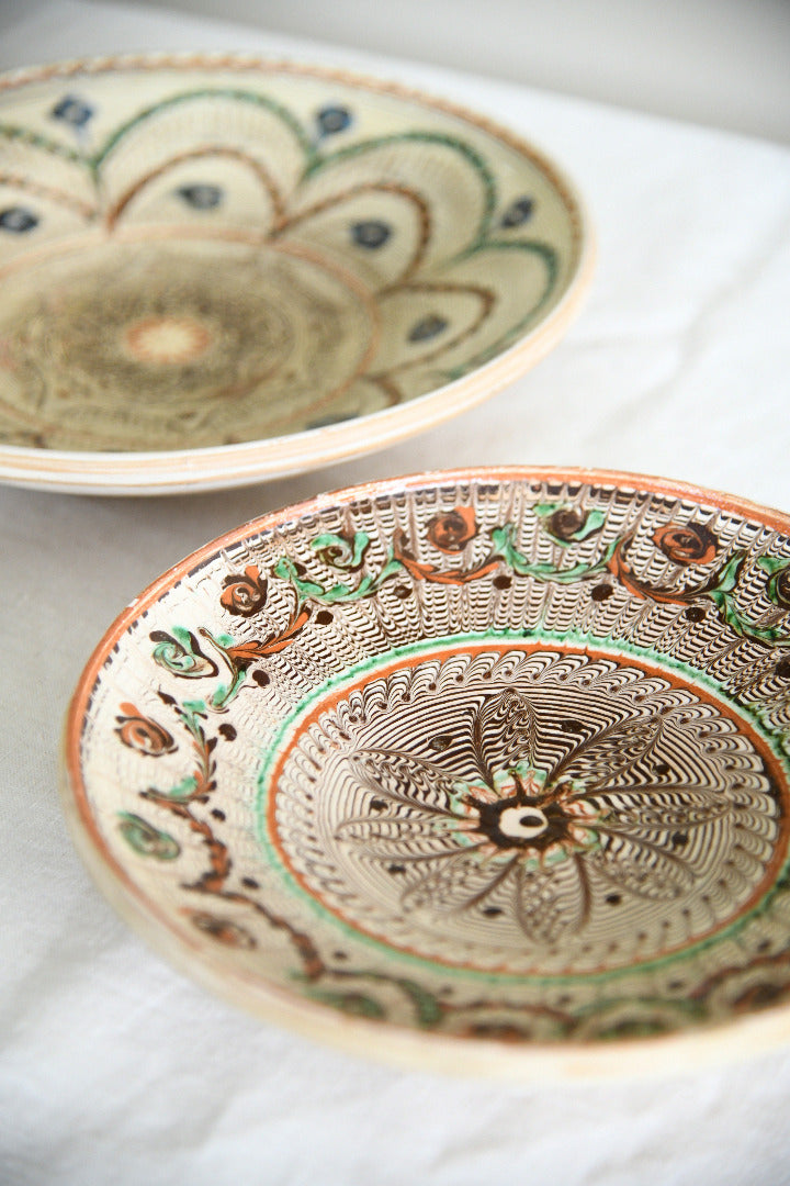 Pair Vintage Romanian Horezu Hand Painted Slipware Pottery Bowls
