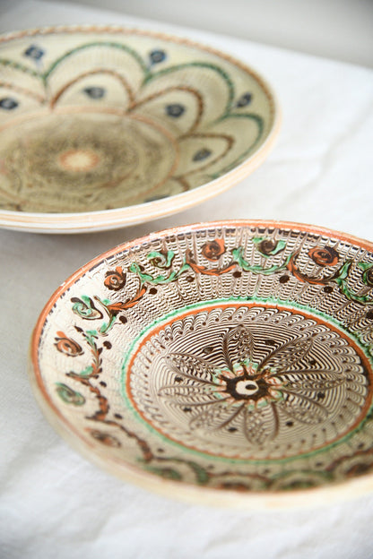 Pair Vintage Romanian Horezu Hand Painted Slipware Pottery Bowls