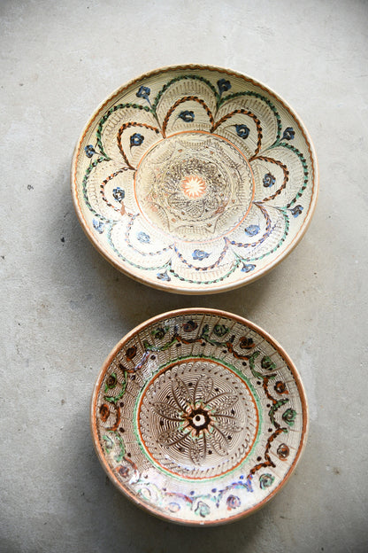 Pair Vintage Romanian Horezu Hand Painted Slipware Pottery Bowls