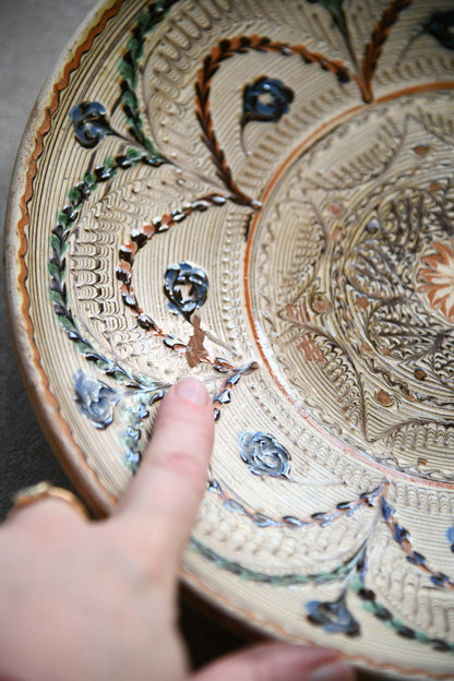 Pair Vintage Romanian Horezu Hand Painted Slipware Pottery Bowls