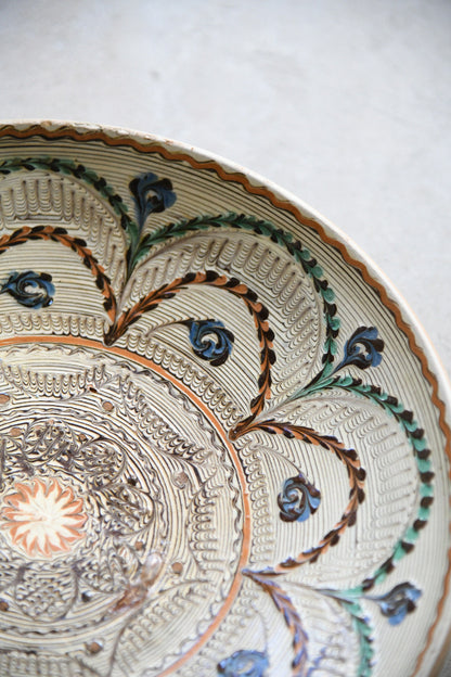 Pair Vintage Romanian Horezu Hand Painted Slipware Pottery Bowls