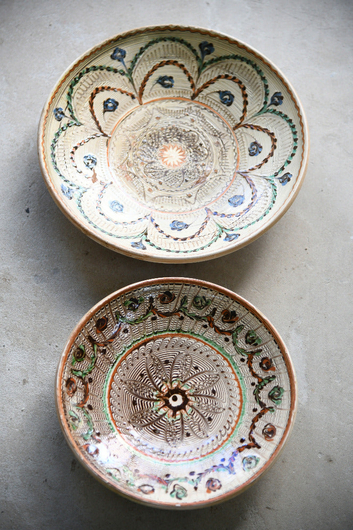 Pair Vintage Romanian Horezu Hand Painted Slipware Pottery Bowls