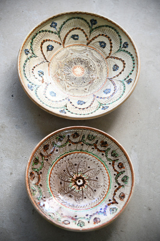 Pair Vintage Romanian Horezu Hand Painted Slipware Pottery Bowls