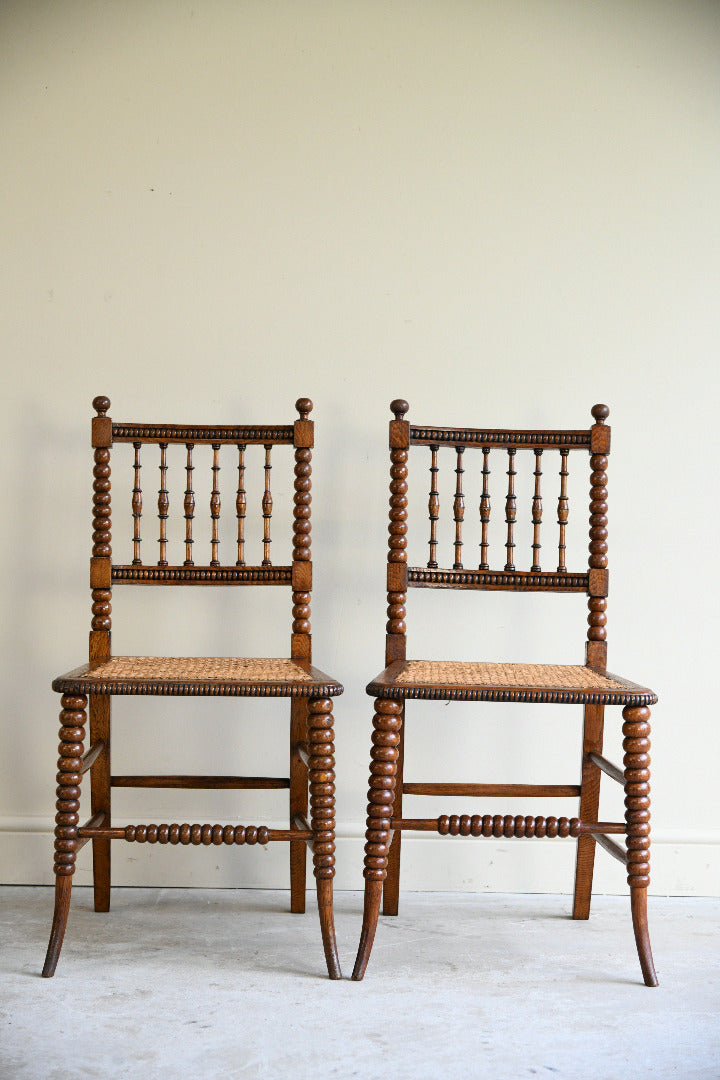 Antique Pair Oak Bobbin Turned Chairs with Cane Seats