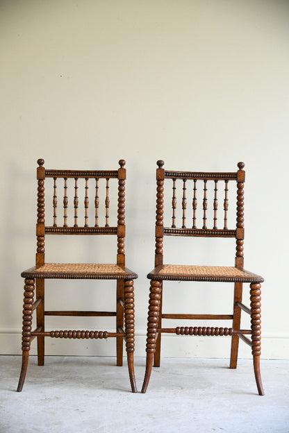 Antique Pair Oak Bobbin Turned Chairs with Cane Seats
