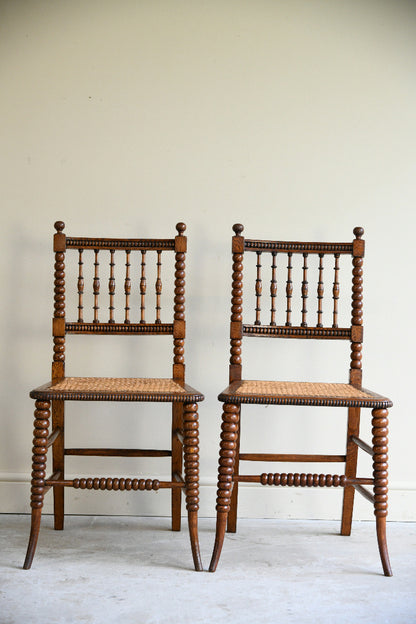 Antique Pair Oak Bobbin Turned Chairs with Cane Seats