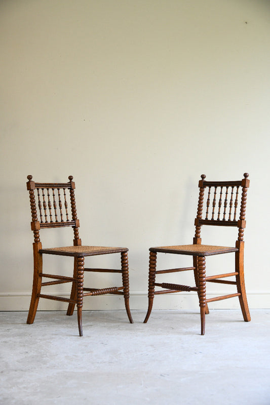 Antique Pair Oak Bobbin Turned Chairs with Cane Seats