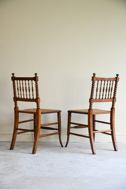 Antique Pair Oak Bobbin Turned Chairs with Cane Seats