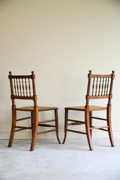 Antique Pair Oak Bobbin Turned Chairs with Cane Seats