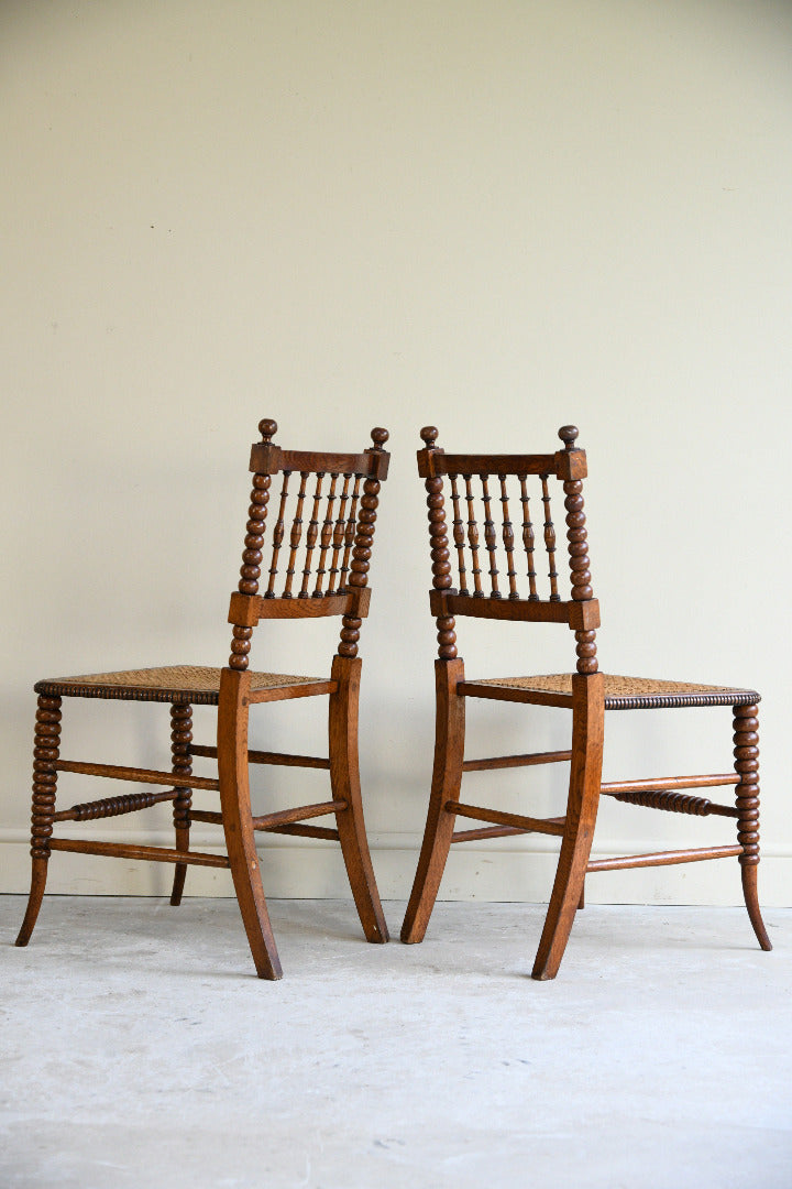 Antique Pair Oak Bobbin Turned Chairs with Cane Seats
