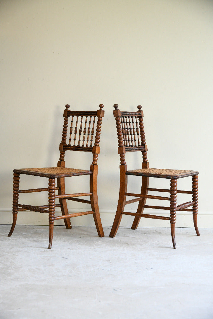 Antique Pair Oak Bobbin Turned Chairs with Cane Seats