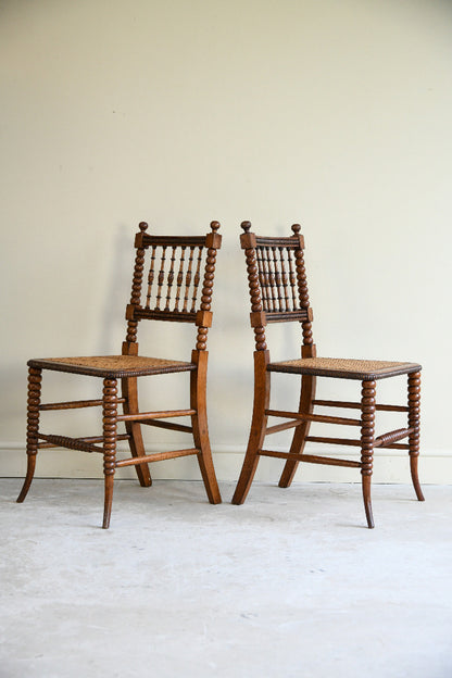 Antique Pair Oak Bobbin Turned Chairs with Cane Seats