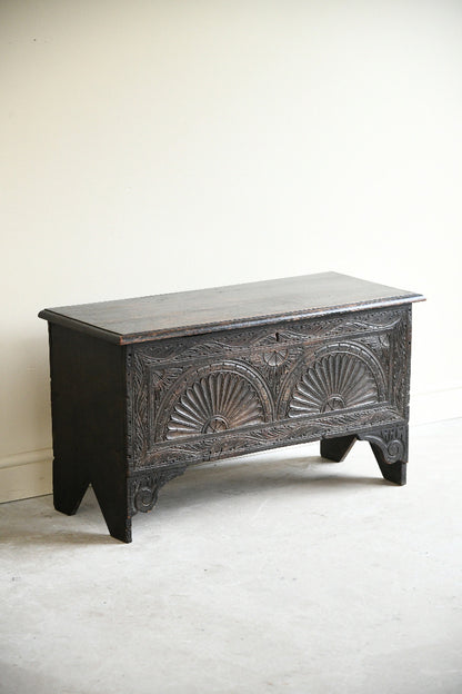Antique Carved Oak Six Plank Chest Coffer