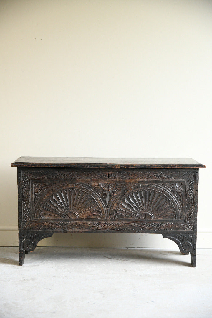 Antique Carved Oak Six Plank Chest Coffer