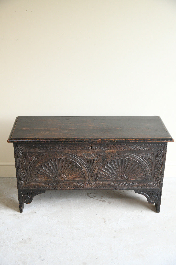 Antique Carved Oak Six Plank Chest Coffer