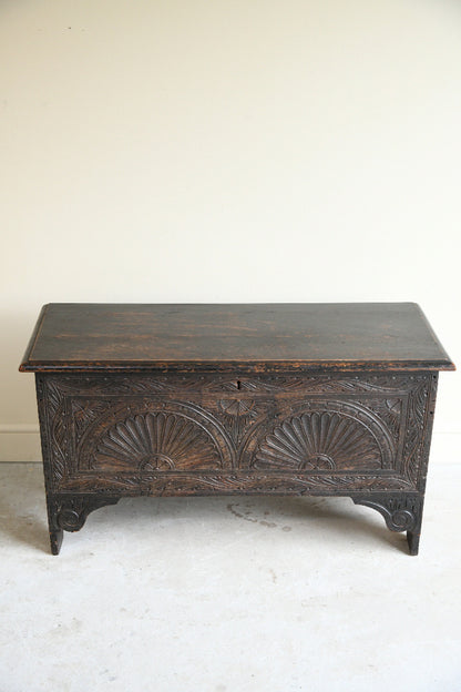 Antique Carved Oak Six Plank Chest Coffer
