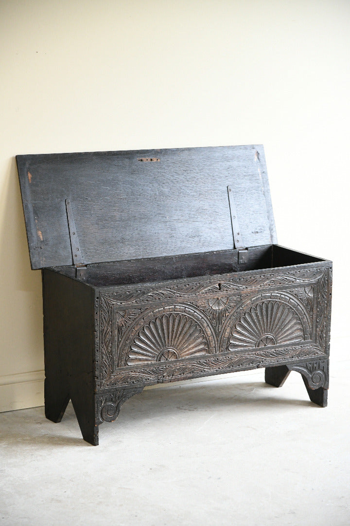 Antique Carved Oak Six Plank Chest Coffer