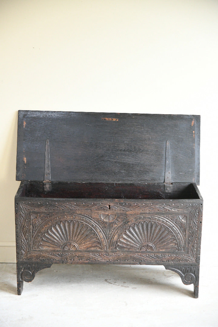 Antique Carved Oak Six Plank Chest Coffer