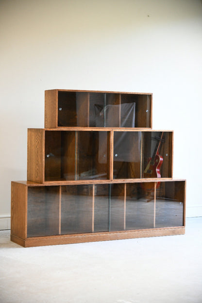 Vintage Unix Oak Modular Stepped Display Cabinet with Sliding Glass Doors