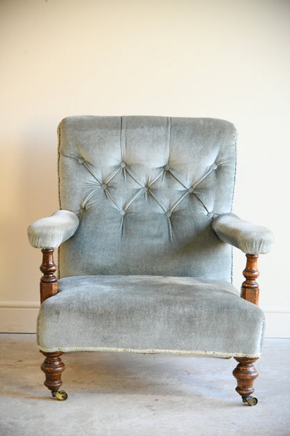 Victorian Sage Green Velvet Button Back Armchair