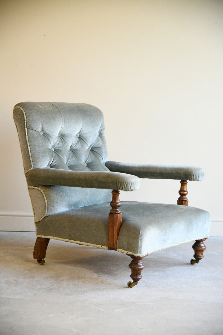 Victorian Sage Green Velvet Button Back Armchair