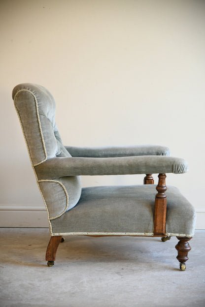 Victorian Sage Green Velvet Button Back Armchair
