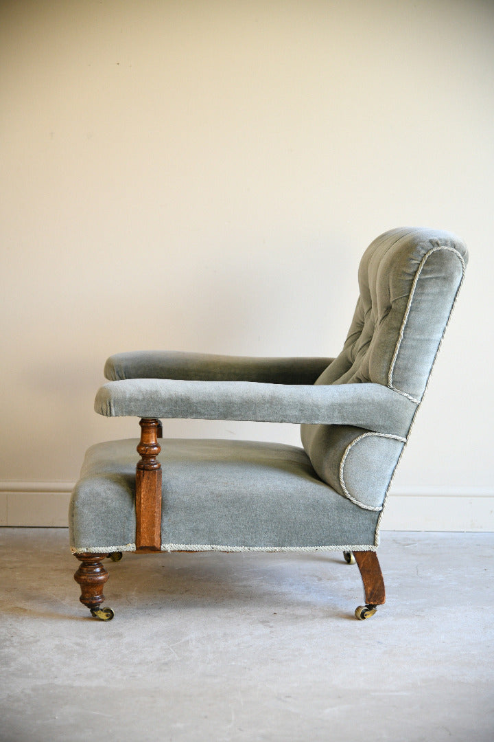 Victorian Sage Green Velvet Button Back Armchair