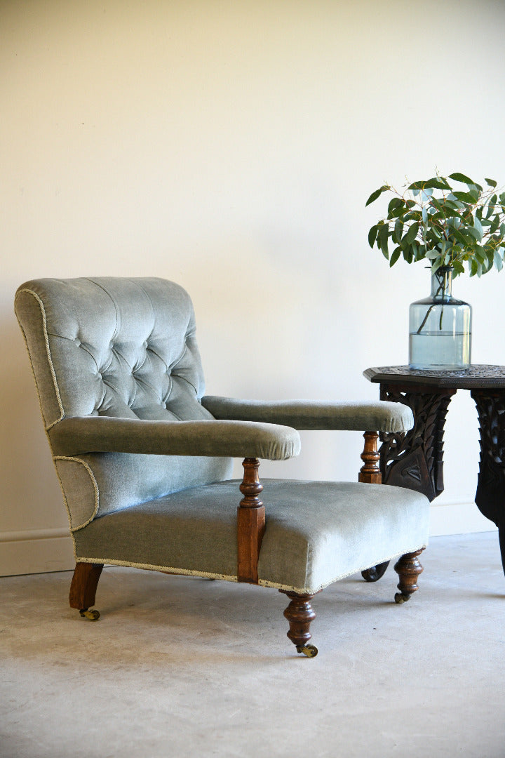 Victorian Sage Green Velvet Button Back Armchair