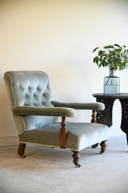 Victorian Sage Green Velvet Button Back Armchair