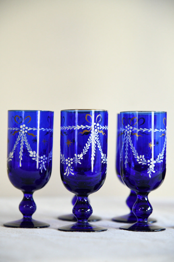 Vintage Cobalt Blue Glass Decanter & Six Liqueur Glasses
