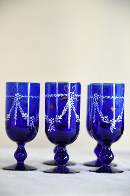Vintage Cobalt Blue Glass Decanter & Six Liqueur Glasses