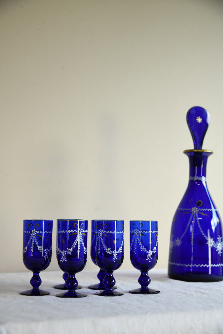 Vintage Cobalt Blue Glass Decanter & Six Liqueur Glasses