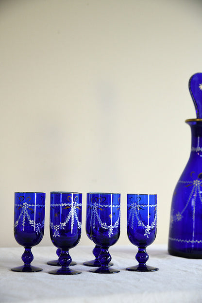 Vintage Cobalt Blue Glass Decanter & Six Liqueur Glasses