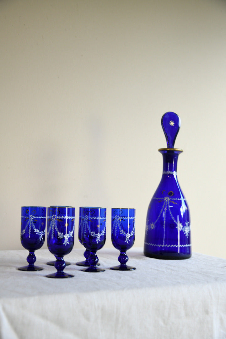 Vintage Cobalt Blue Glass Decanter & Six Liqueur Glasses
