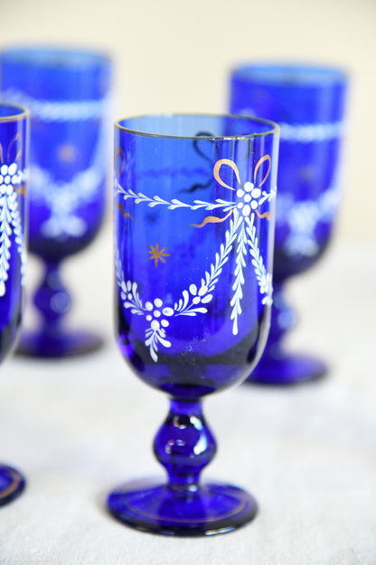 Vintage Cobalt Blue Glass Decanter & Six Liqueur Glasses
