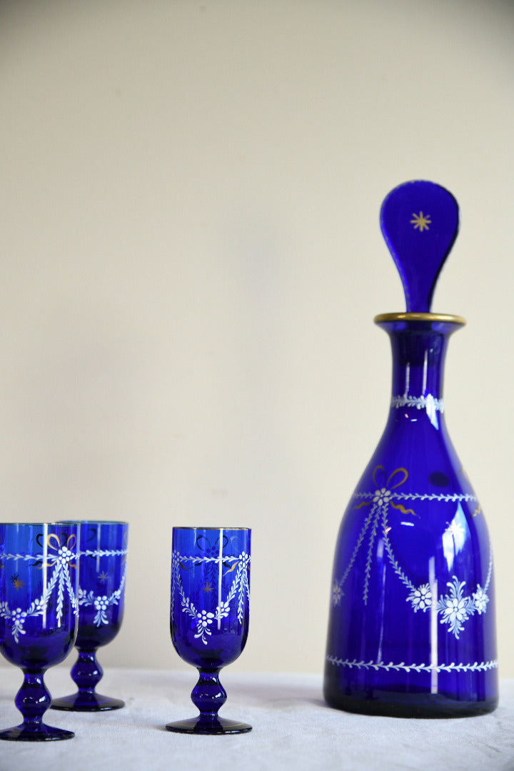 Vintage Cobalt Blue Glass Decanter & Six Liqueur Glasses