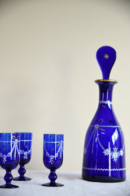 Vintage Cobalt Blue Glass Decanter & Six Liqueur Glasses