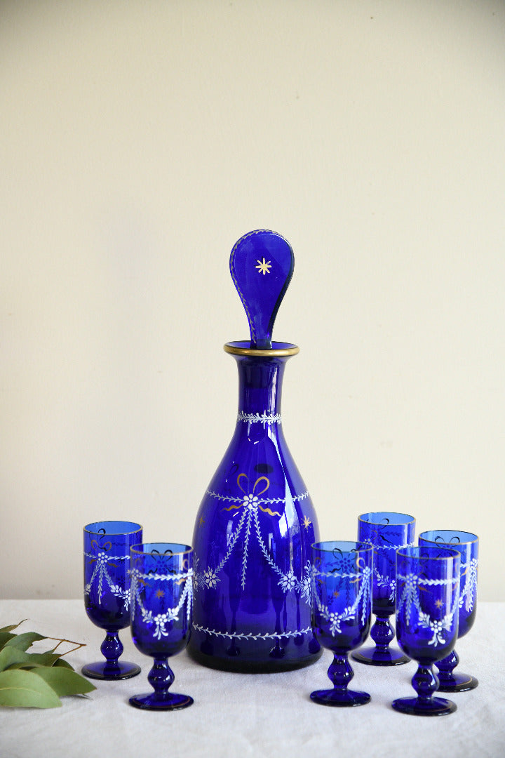 Vintage Cobalt Blue Glass Decanter & Six Liqueur Glasses