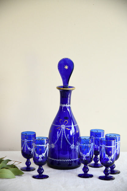 Vintage Cobalt Blue Glass Decanter & Six Liqueur Glasses