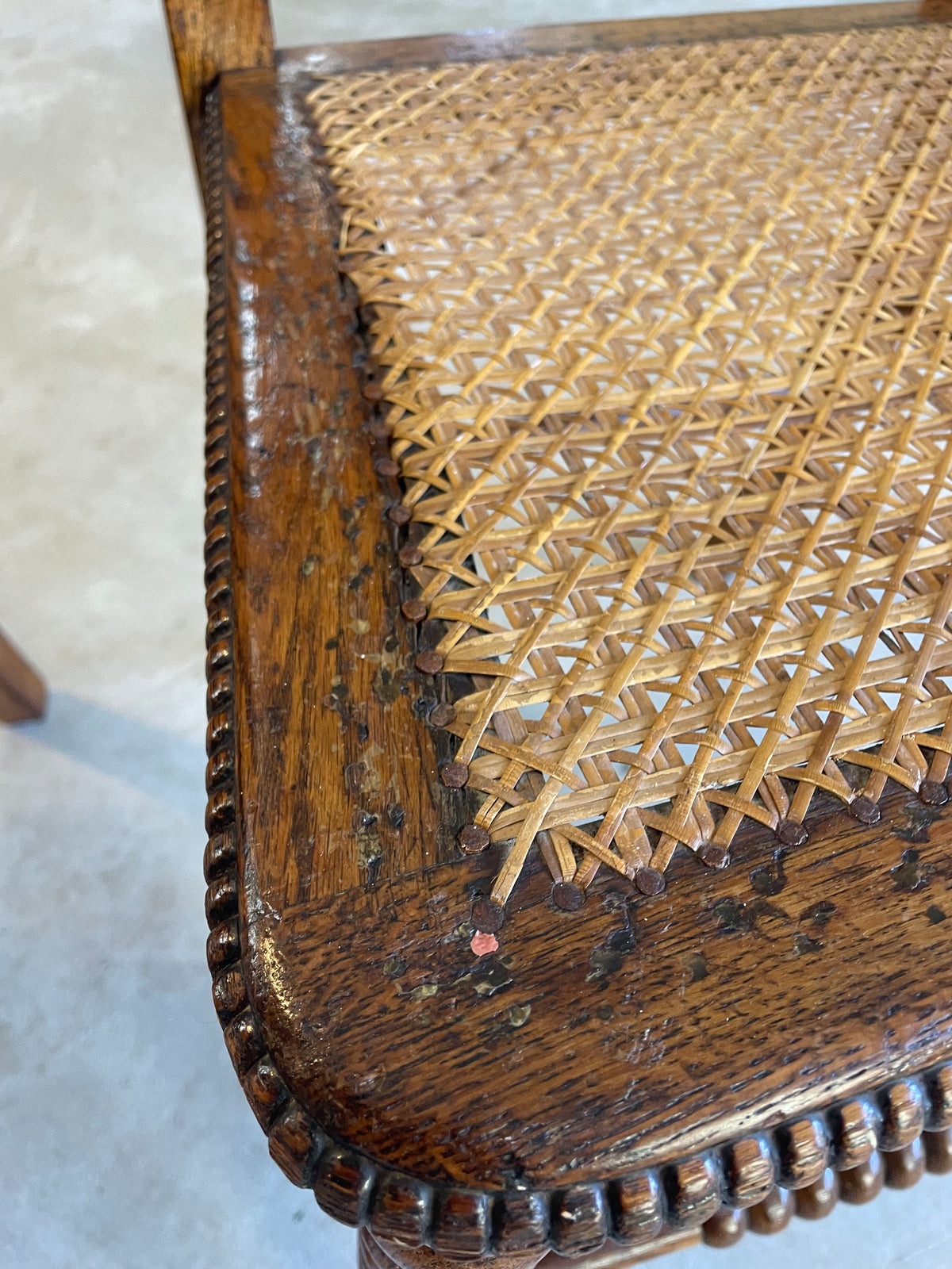 Antique Pair Oak Bobbin Turned Chairs with Cane Seats
