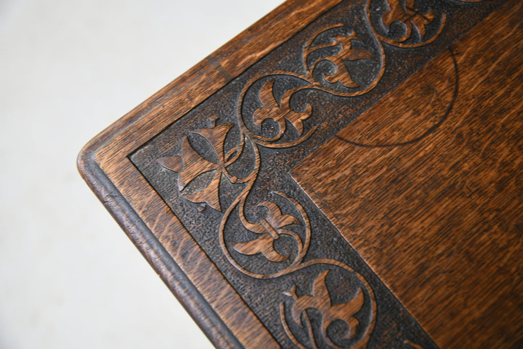 Arts & Crafts Carved Oak Drop Leaf Table