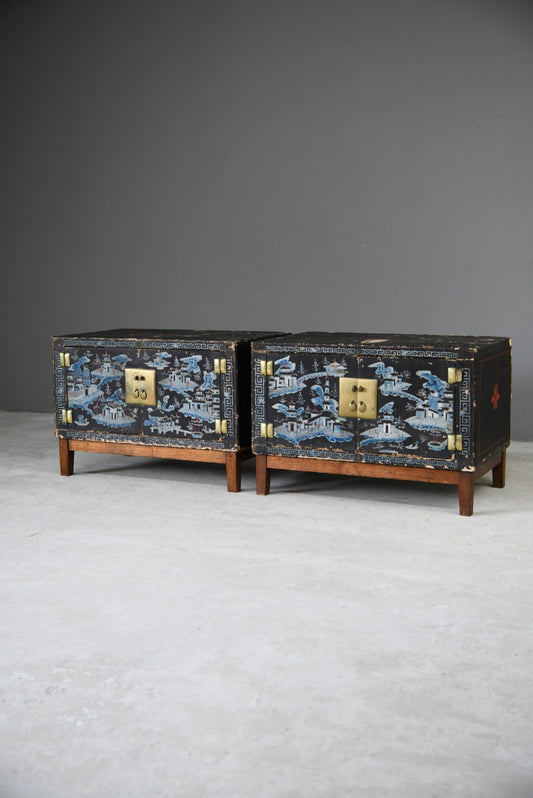 Pair Small Black Chinese Painted Cabinets Cupboards Bedside Occasional Tables