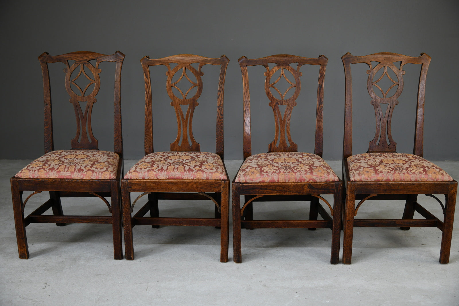 4 Antique Oak Provincial Chippendale Style Dining Chairs