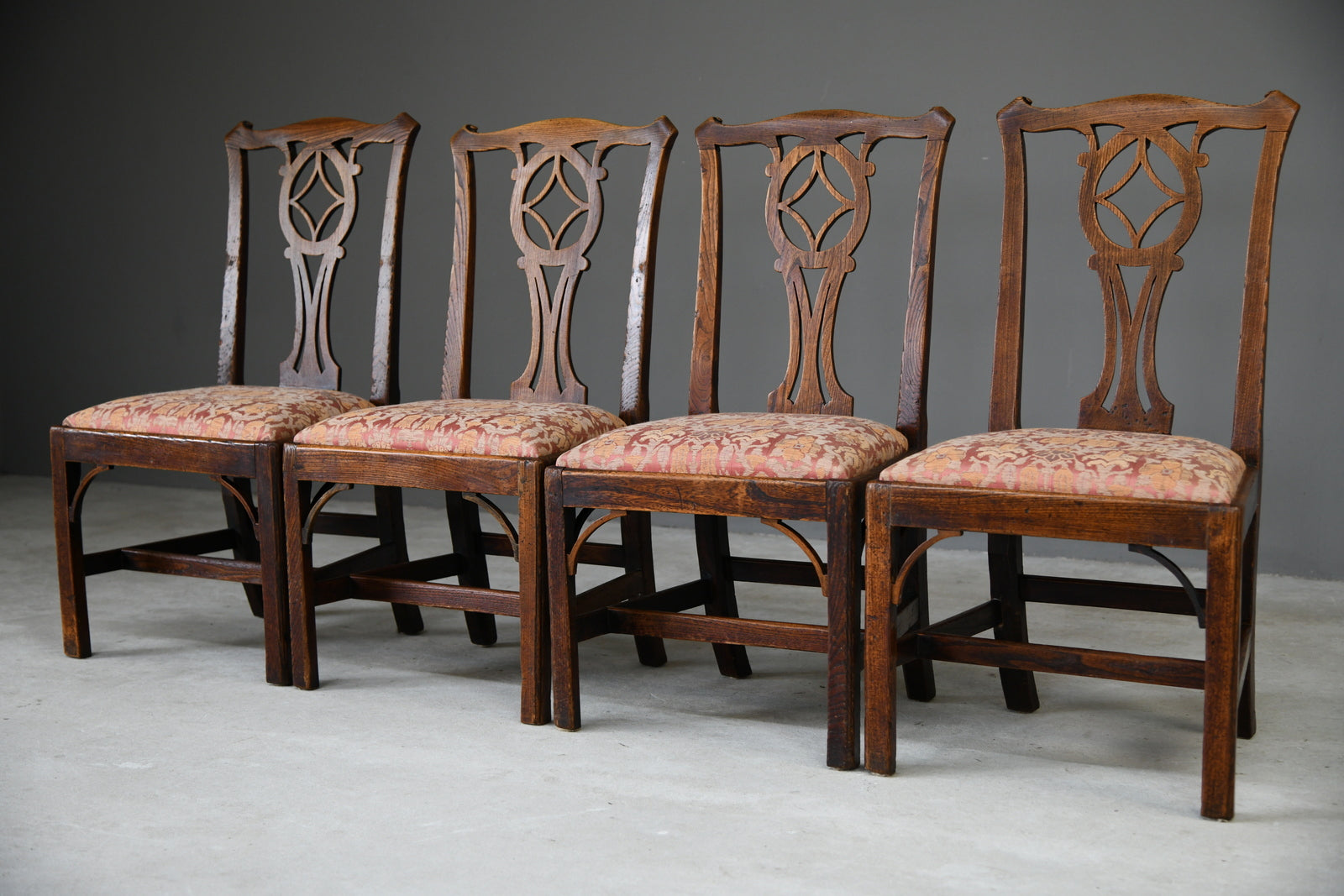 4 Antique Oak Provincial Chippendale Style Dining Chairs