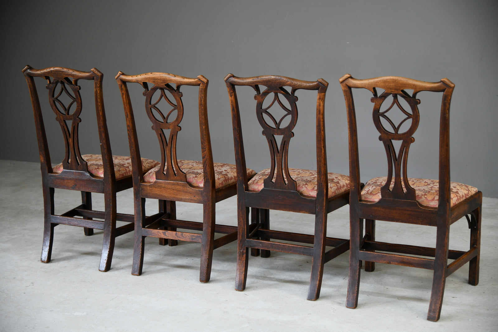 4 Antique Oak Provincial Chippendale Style Dining Chairs