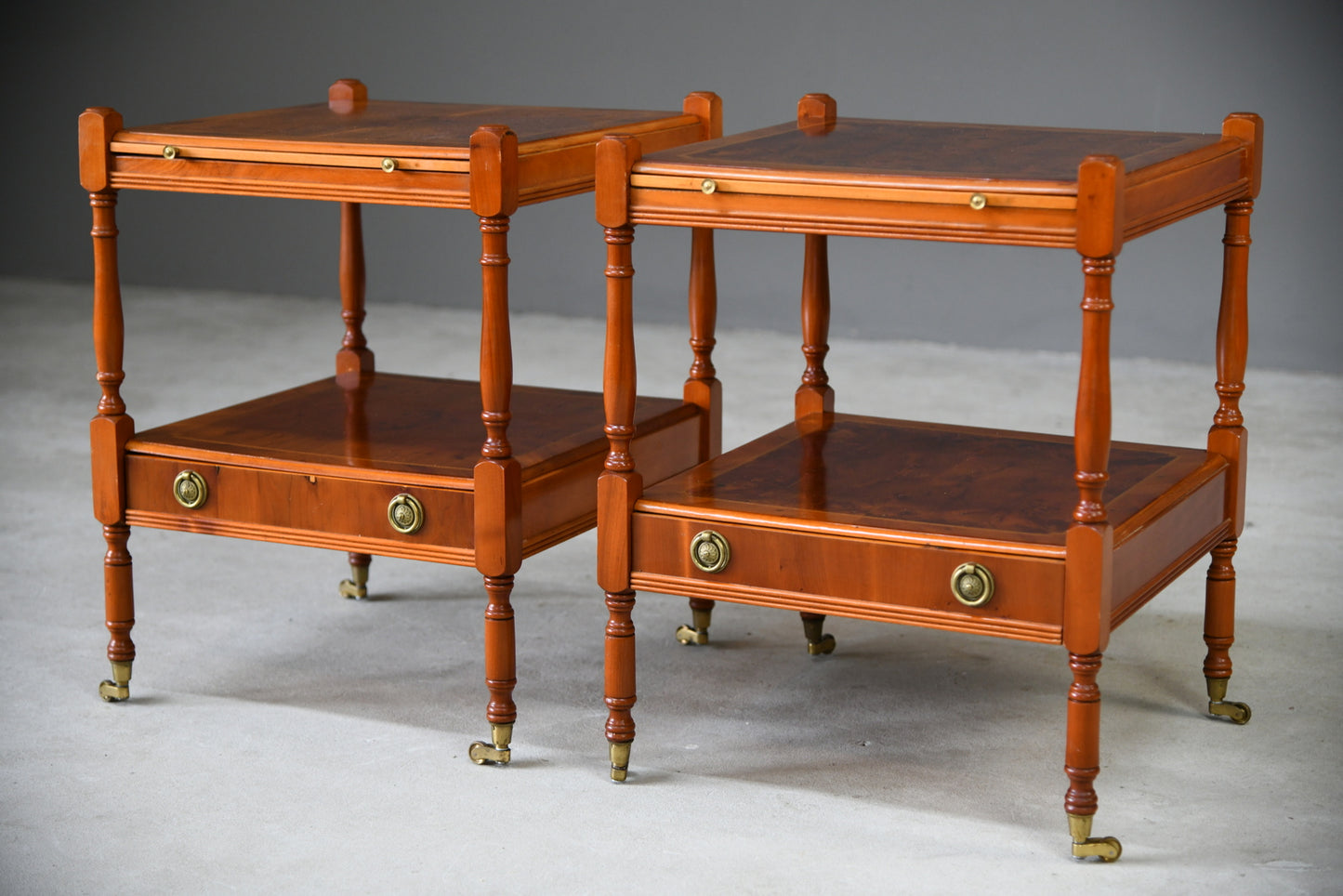 Pair Antique Style Yew Wood Bedside Cabinets