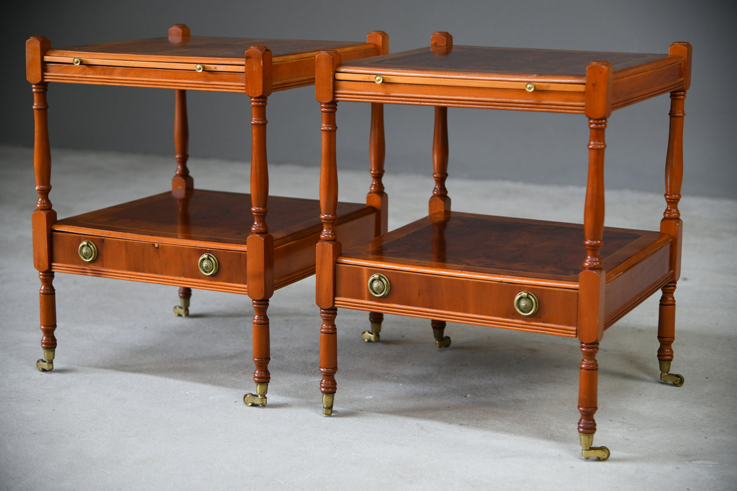 Pair Antique Style Yew Wood Bedside Cabinets