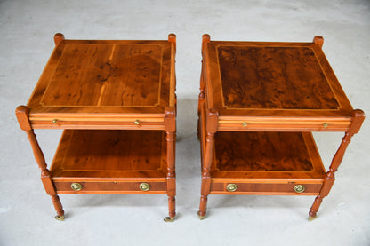 Pair Antique Style Yew Wood Bedside Cabinets