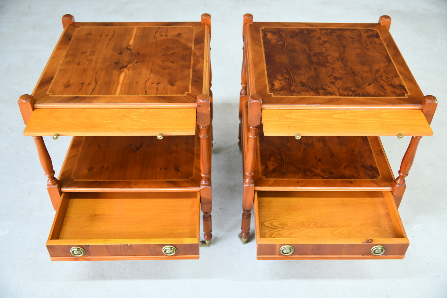 Pair Antique Style Yew Wood Bedside Cabinets